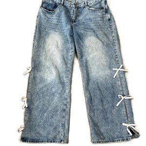 Rise Supply Co Mid Rise Wide Leg Jeans Slit Sides With Bow Accent Size 15